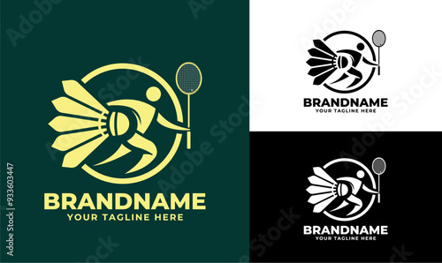 Modern Circular Badminton Coaching Logo Design Template with Player and Shuttlecock