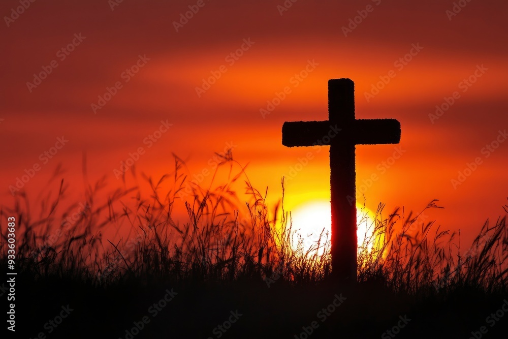 Cross silhouette at sunrise with generative ai Cross silhouette at sunrise with generative ai