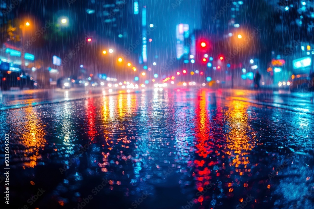 Obraz premium City Street Lights Reflected in Rain Puddles at Night