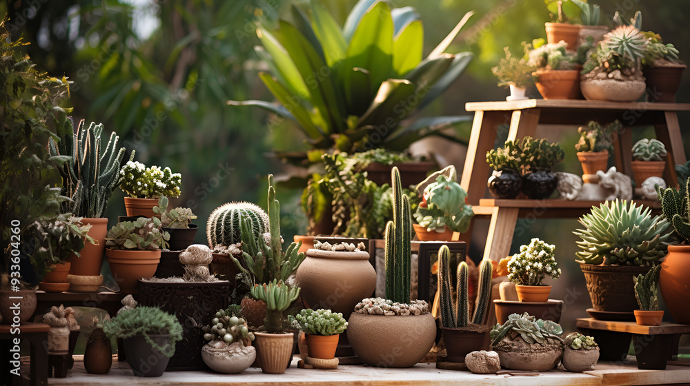 Lots of cacti in clay pots on wooden table ,Transform your living space with our stylish cactus and succulent plants in decorative pots Lots of cacti in clay pots on wooden table ,Transform your living space with our stylish cactus and succulent plants in decorative pots