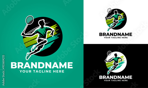 Dynamic Badminton Player Silhouette Coaching Logo Design Template in Round Shape 