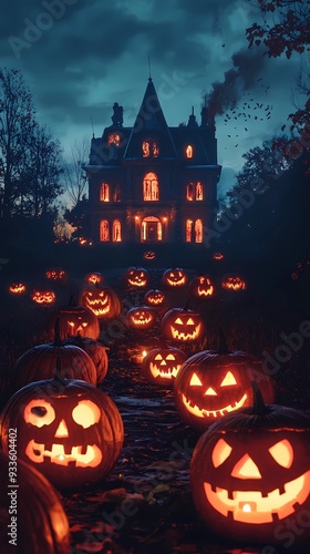 Abandoned house with pumpkins during halloween