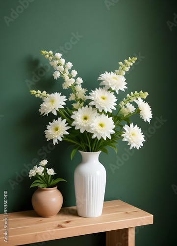 Wallpaper Mural A vase of white flowers on a wooden shelf against a green wall. Torontodigital.ca