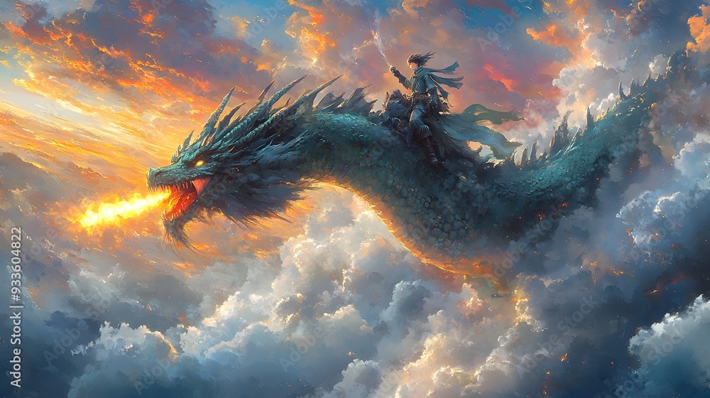 Lone Adventurer Astride Colossal Emerald Dragon Soaring Through Dramatic Ethereal Skyscape Lone Adventurer Astride Colossal Emerald Dragon Soaring Through Dramatic Ethereal Skyscape