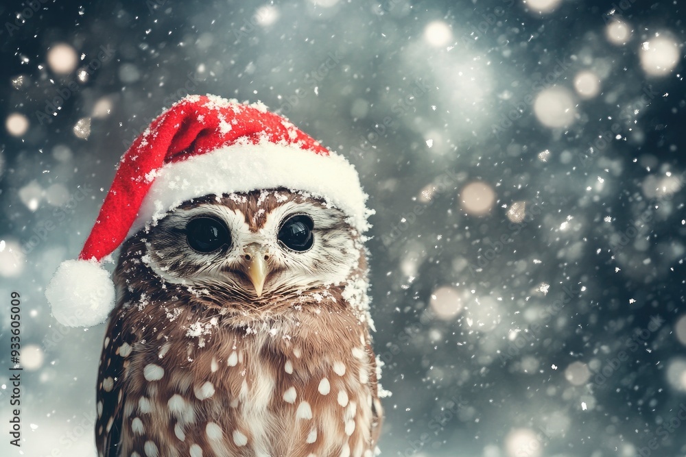 Cute christmas owl in a red hat on a background of falling snow with generative ai Cute christmas owl in a red hat on a background of falling snow with generative ai
