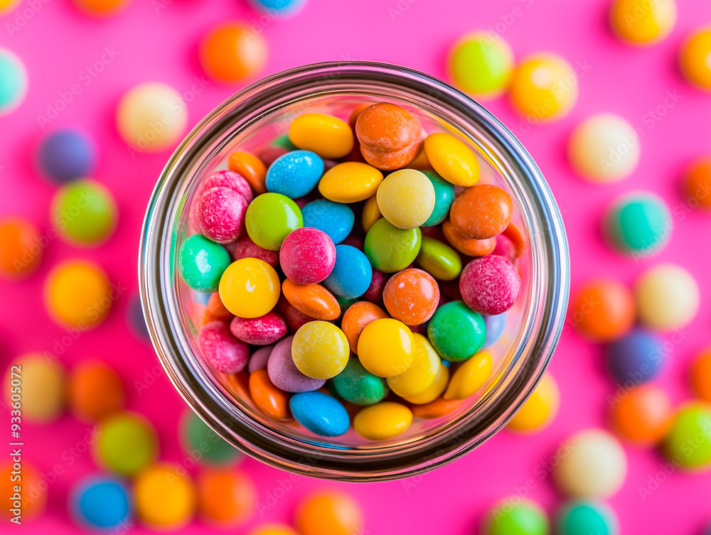 Close-up of bright candy-coated chocolates in a clear glass bowl against a vibrant pink background Close-up of bright candy-coated chocolates in a clear glass bowl against a vibrant pink background