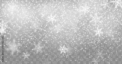 Christmas snowfall effect. Realistic winter snowflakes overlay background. Isolated vector falling ice crystals descending from the sky, forming unique patterns. Tranquil wintertime enchanting layout