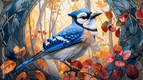 Art nouveau artistic image of blue jay bird in a round shape photo