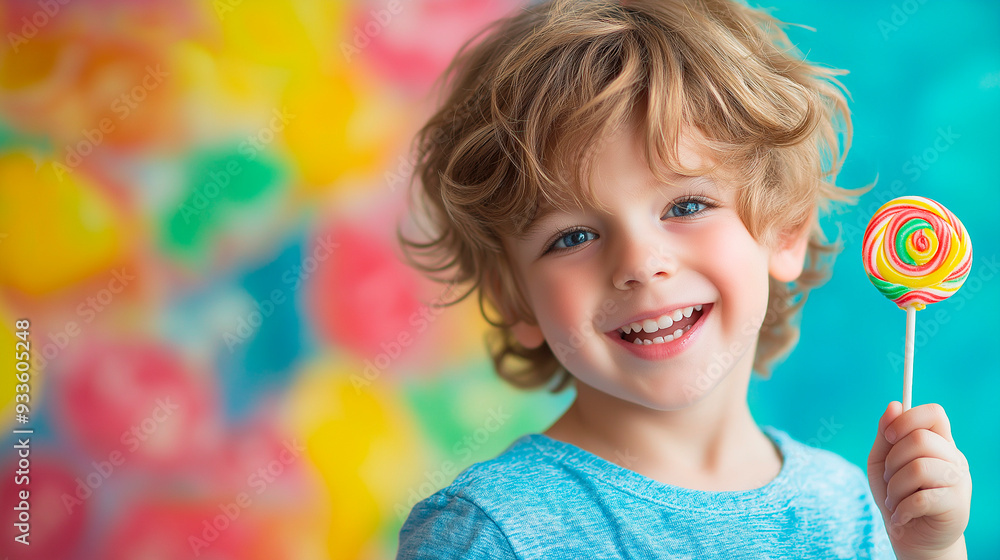 Cute young boy holding a colorful lollipop in a playful outdoor setting with a bright teal background Cute young boy holding a colorful lollipop in a playful outdoor setting with a bright teal background
