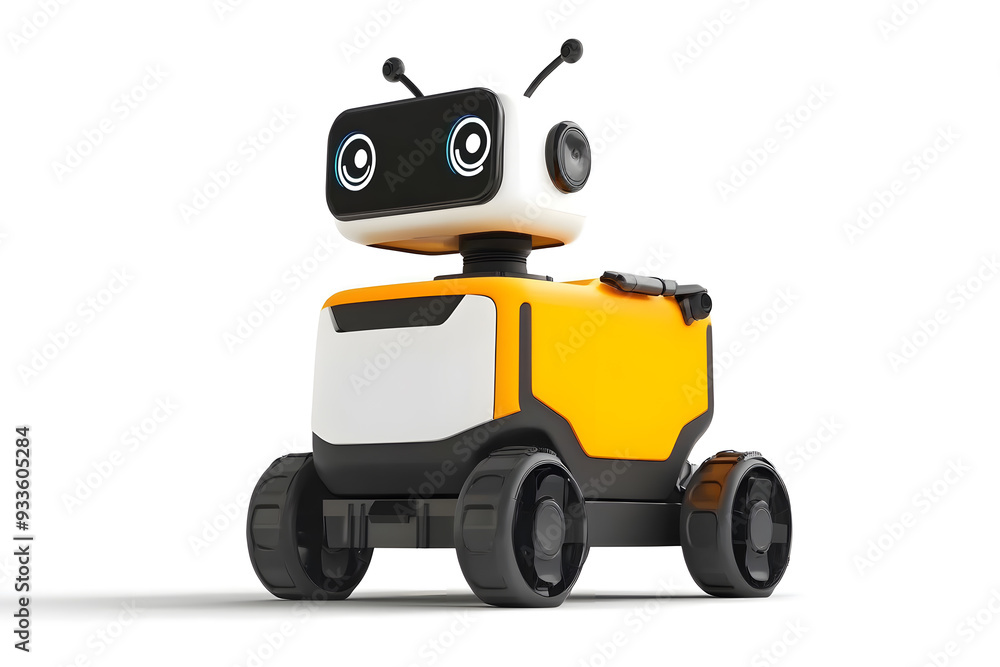 3D Small cute robot for delivery isolated on white background. The future of automated delivery 3D Small cute robot for delivery isolated on white background. The future of automated delivery