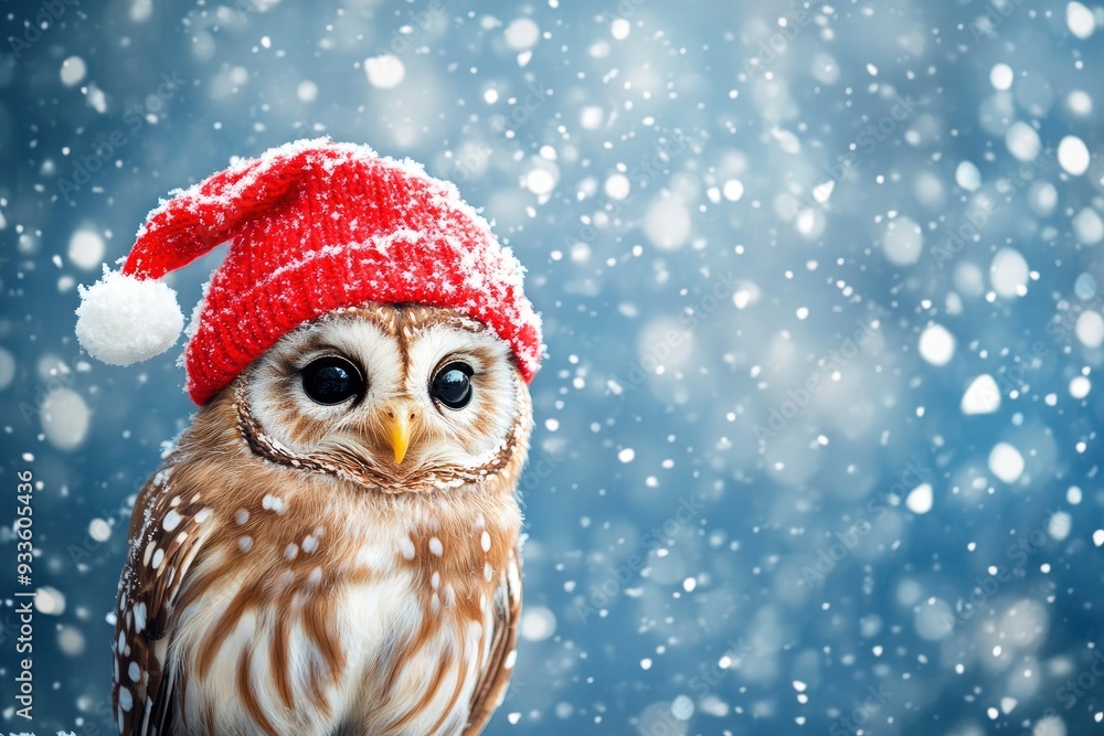 Cute christmas owl in a red hat on a background of falling snow with generative ai Cute christmas owl in a red hat on a background of falling snow with generative ai
