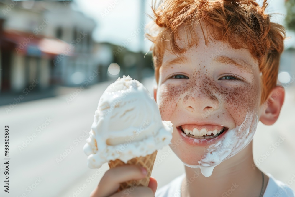 Smiling freckles teen exudes cheerful and friendly vibe. Kid savors every bite of delicious ice cream. Image symbolizes vibrant innocence of youth. Smiling freckles teen exudes cheerful and friendly vibe. Kid savors every bite of delicious ice cream. Image symbolizes vibrant innocence of youth.