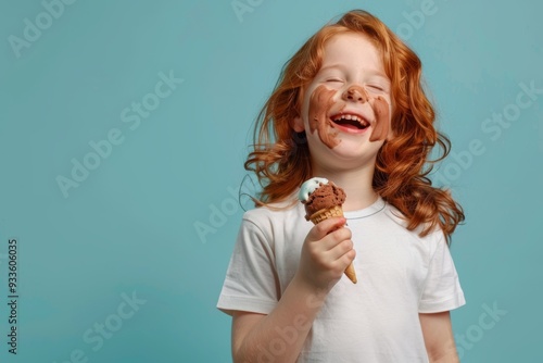 Carefree playfulness lights up child's face beneath sunny sky. A child experiences bliss with an ice cream cone. Autumn and childhood happiness blended picturesque setting.