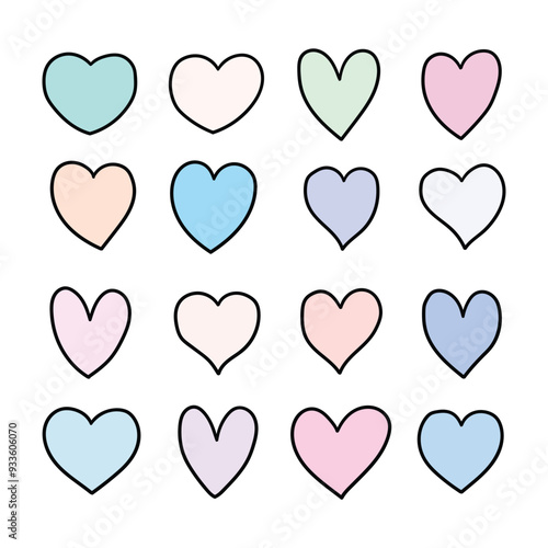 Hand drawn cartoon set of colored hearts on white background.