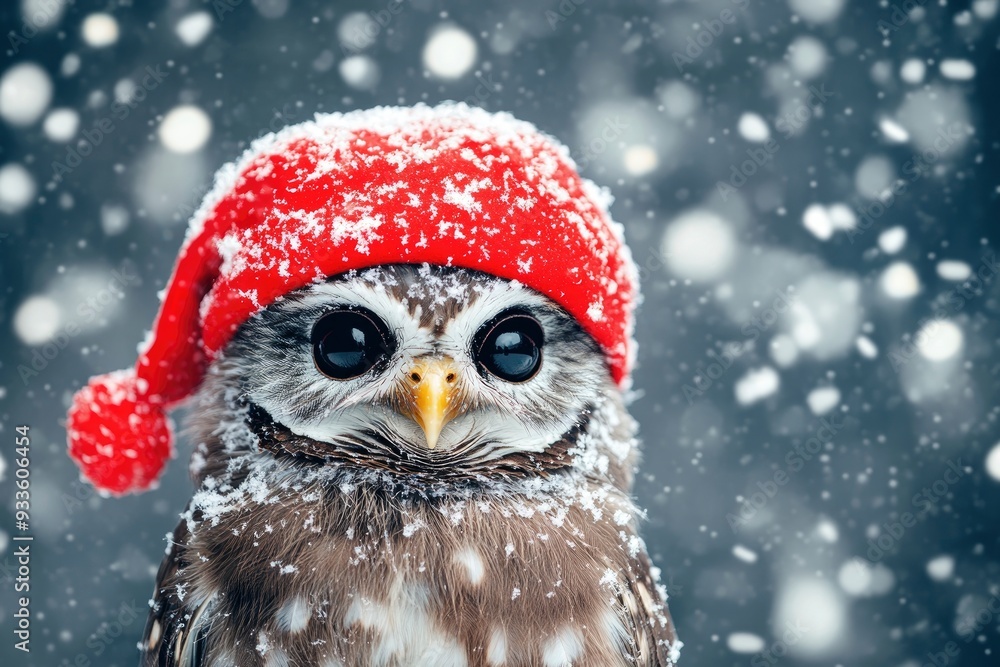Cute christmas owl in a red hat on a background of falling snow with generative ai Cute christmas owl in a red hat on a background of falling snow with generative ai
