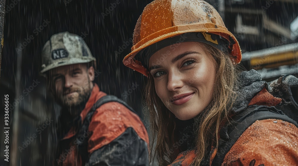 Two construction workers in hard hats look up at the rain. Two construction workers in hard hats look up at the rain.