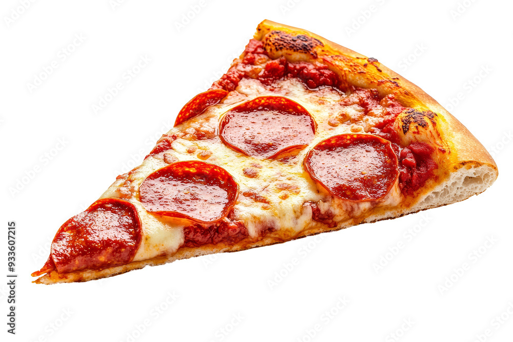 Delicious Pepperoni Pizza Slice with Melted Cheese on White Background Delicious Pepperoni Pizza Slice with Melted Cheese on White Background