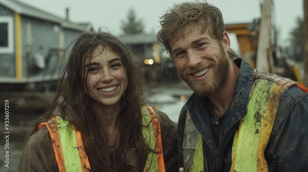 A young couple smiles for the camera, both wearing safety vests and standing in a construction zone. A young couple smiles for the camera, both wearing safety vests and standing in a construction zone.