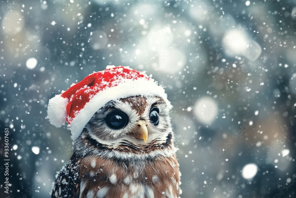 Cute christmas owl in a red hat on a background of falling snow with generative ai Cute christmas owl in a red hat on a background of falling snow with generative ai