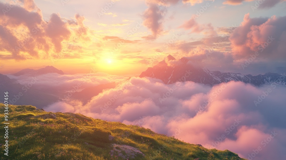 Fototapeta premium Sunset Over Mountain Peaks and Clouds