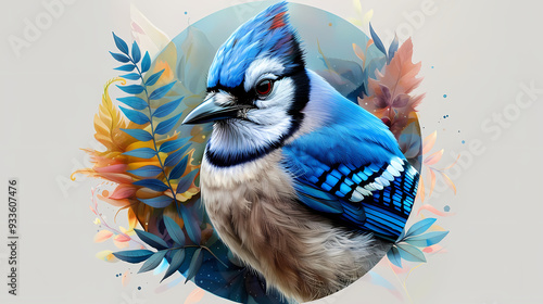 Art nouveau artistic image of blue jay bird in a round shape photo