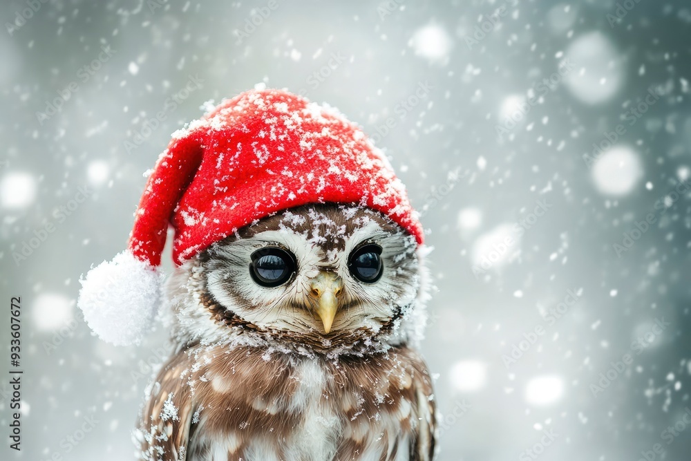 Cute christmas owl in a red hat on a background of falling snow with generative ai Cute christmas owl in a red hat on a background of falling snow with generative ai