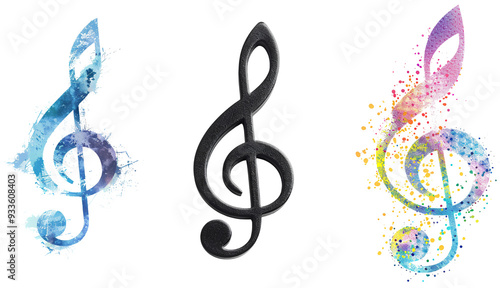 Symphony of Styles: A trio of G-clefs, rendered in sleek black, cool blue watercolor, and vibrant rainbow splashes, embodies the diverse beauty of music, isolated on a transparent background. 