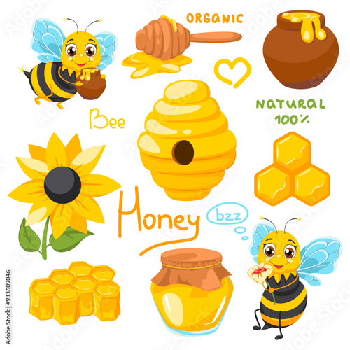 Cartoon set of bee honey and cute bees. Honey collection: pot, beehive, bee, honey in glass jar, honeycomb, flower.