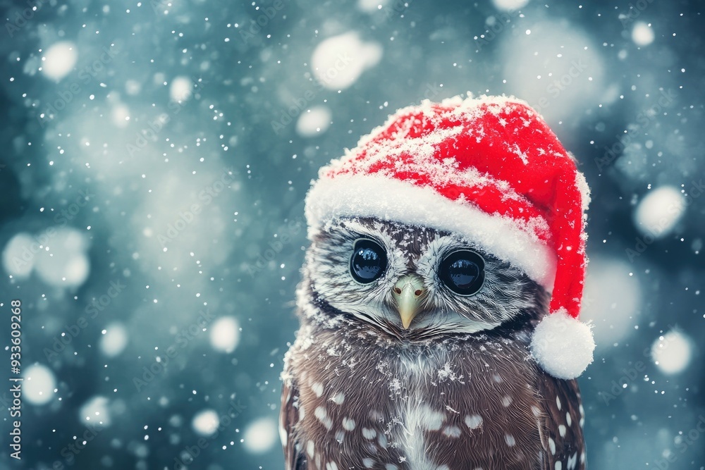 Cute christmas owl in a red hat on a background of falling snow with generative ai Cute christmas owl in a red hat on a background of falling snow with generative ai