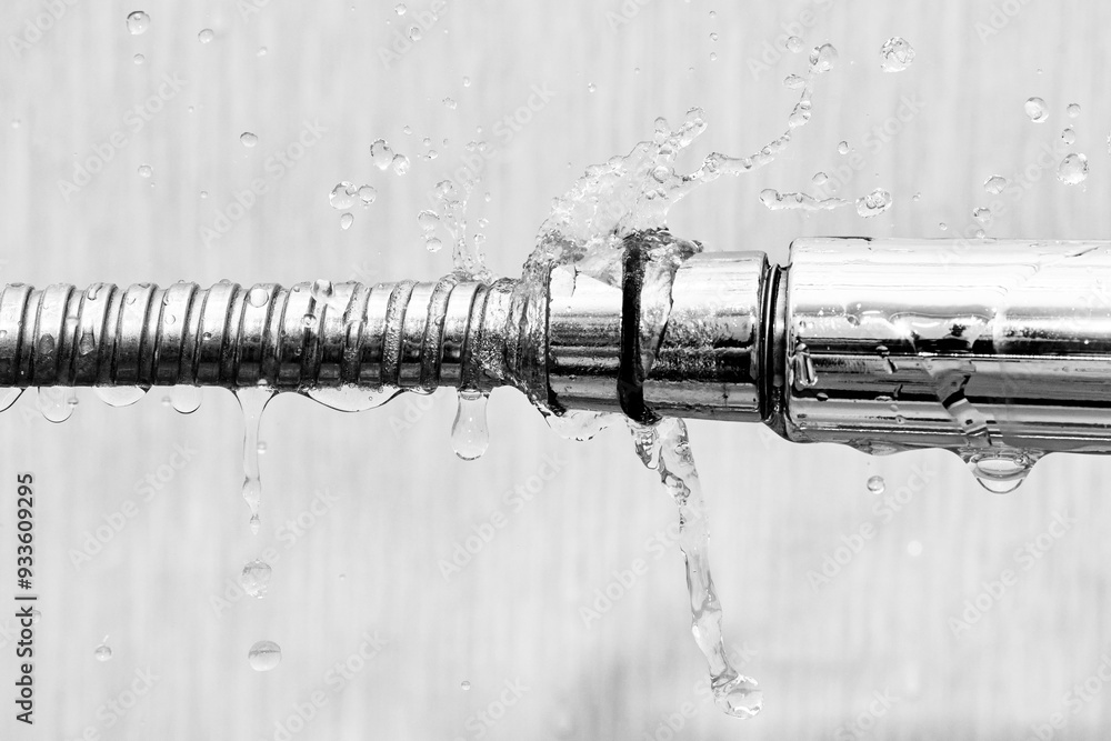 Laaking water hose, water flow from the hole of the hose closeup. Broken shower hose, bathroom leaks, common water issues in home. Leaky hoses can cause water damage. Black and white photo