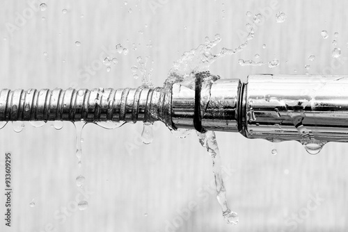 Obraz na płótnie Laaking water hose, water flow from the hole of the hose closeup. Broken shower hose, bathroom leaks, common water issues in home. Leaky hoses can cause water damage. Black and white photo w salonie