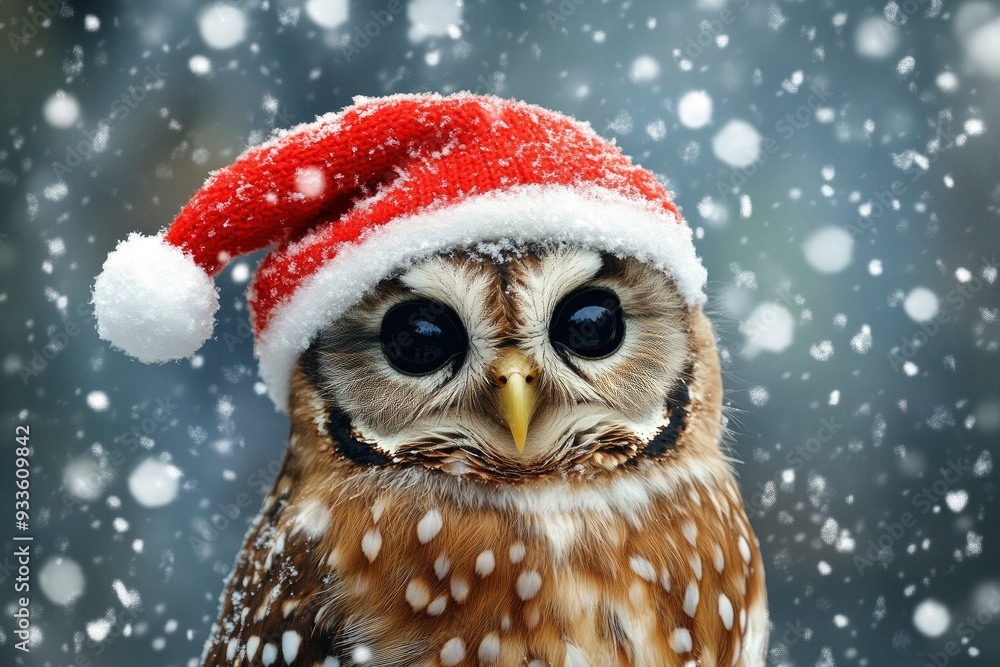 Cute christmas owl in a red hat on a background of falling snow with generative ai Cute christmas owl in a red hat on a background of falling snow with generative ai