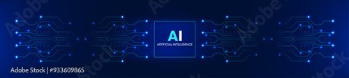 Banner AI circuit tech data. The tech-themed circuits banner with a blue background and text "AI" and "ARTIFICIAL INTELLIGENCE" highlight the tech-driven design and futuristic concept.