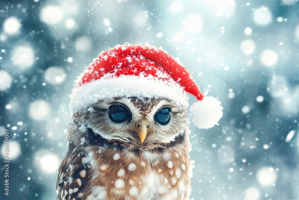 Cute christmas owl in a red hat on a background of falling snow with generative ai Cute christmas owl in a red hat on a background of falling snow with generative ai
