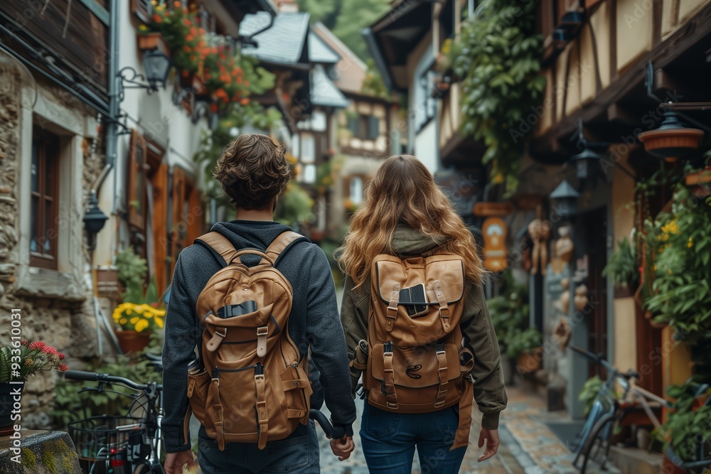 Young Couple Strolling Hand in Hand Through Charming European Village During Daytime Young Couple Strolling Hand in Hand Through Charming European Village During Daytime