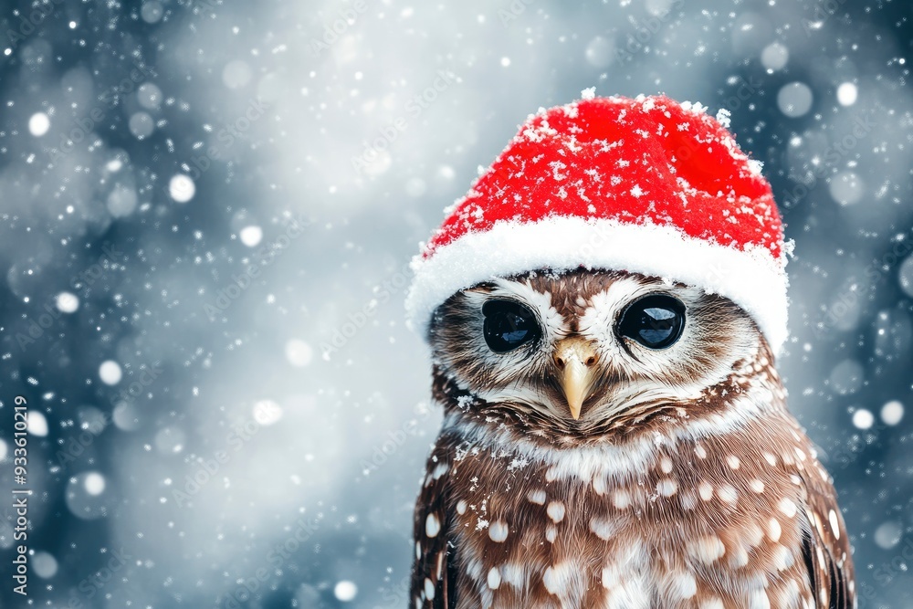 Cute christmas owl in a red hat on a background of falling snow with generative ai Cute christmas owl in a red hat on a background of falling snow with generative ai