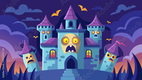A haunted castle with ghostly figures peering out of broken windows and a dark, stormy sky overhead.
