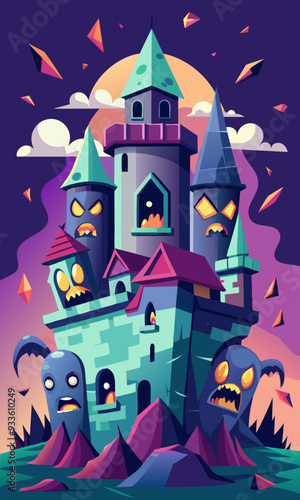 A haunted castle with ghostly figures peering out of broken windows and a dark, stormy sky overhead.
