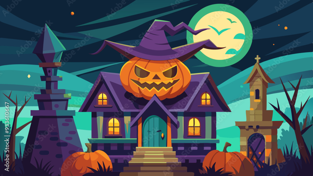 Fototapeta premium Haunted House with Spooky Pumpkin, Cobwebs, and Eerie Shadows 