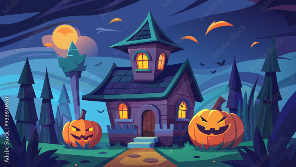Fototapeta premium Haunted House with Spooky Pumpkin, Cobwebs, and Eerie Shadows 