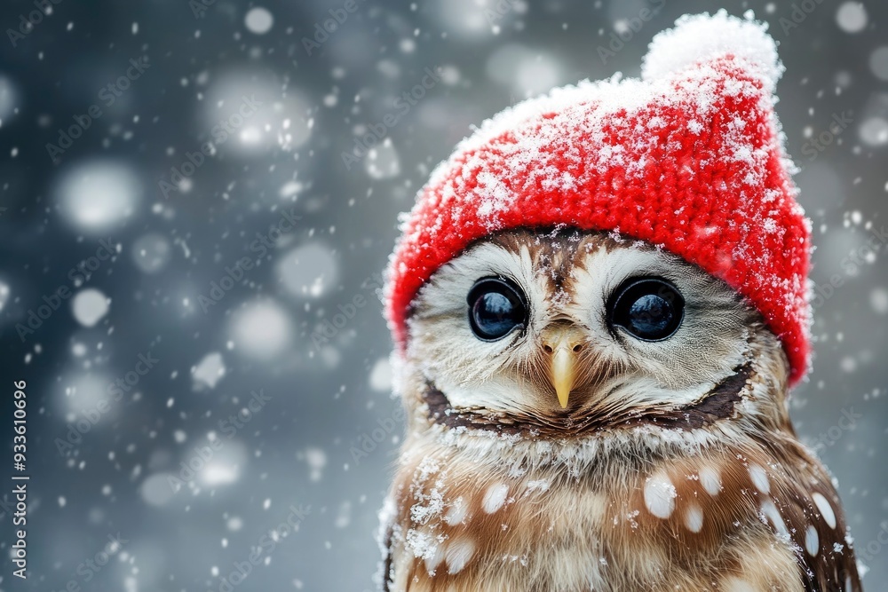 Cute christmas owl in a red hat on a background of falling snow with generative ai Cute christmas owl in a red hat on a background of falling snow with generative ai