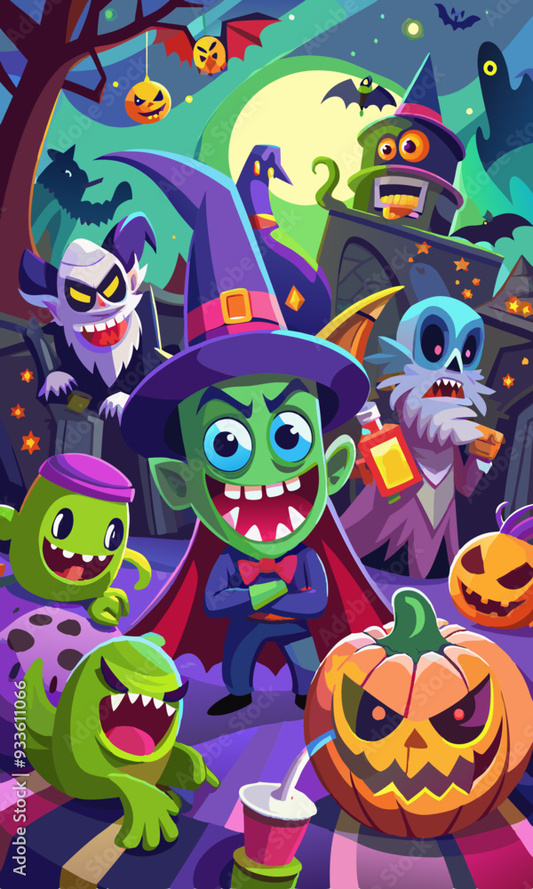 Obraz premium Spooky Halloween Party with Dancing Monsters, Witches, and Ghosts 