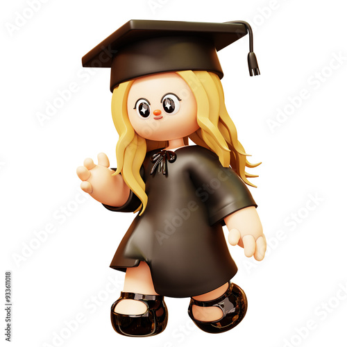 Graduate Ramp Walk Icon. graduate in cap and gown confidently walking the graduation ramp, symbolizing achievement and success. 3D cute for graduation announcements, educational content, party invitat photo