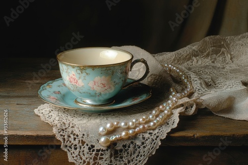 A Vintage Teacup, Saucer, and Pearl Necklace on Lace photo