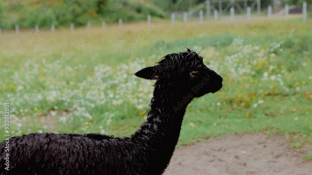 A small black llama or alpaca eating grass in the pasture A small black llama or alpaca eating grass in the pasture