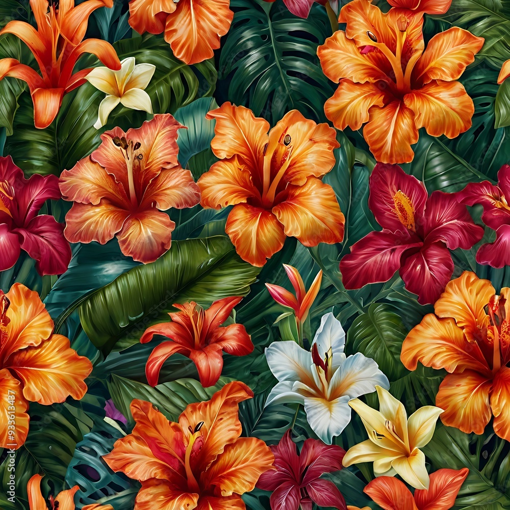 Tropical colored flowers and leaves seamless pattern in drawing style Tropical colored flowers and leaves seamless pattern in drawing style