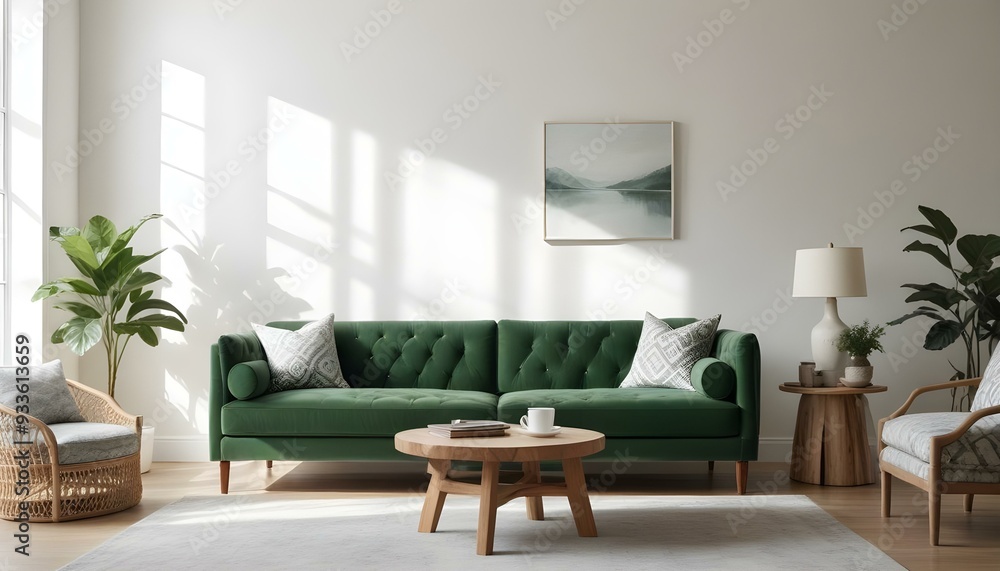 Fototapeta premium Green velvet sofa with white and gray patterned pillows, wooden coffee table, and natural light from windows.
