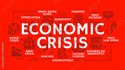 Money loss and economic crisis, money market crash and global financial downturn, vector line icons. Economic crisis icons of bankruptcy, price decrease with money inflation and unemployment growth