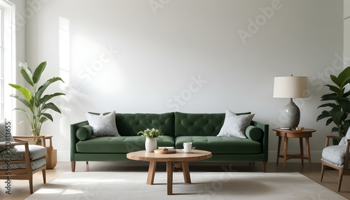 Green velvet sofa with white and gray patterned pillows, wooden coffee table, and natural light from windows.