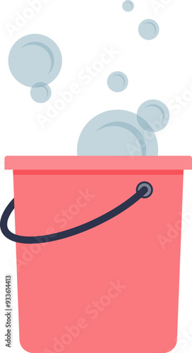 A pink bucket filled with soapy water, bubbles floating above, symbolizing cleaning or washing.
